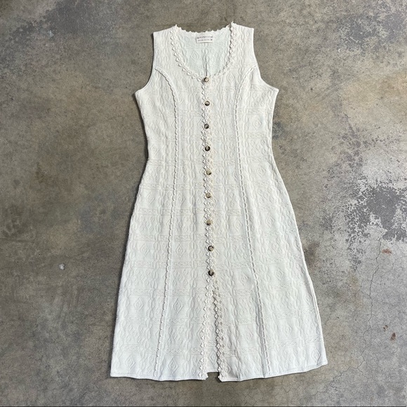 Vintage Cream 100% Cotton Geometric Texture Sleeveless Button Up Knit Dress
